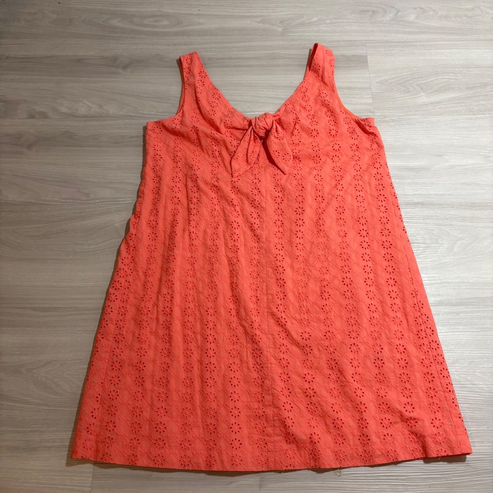 Pappagallo Dress Women Coral Orange Eyelet Tie Front Smocked Back Shift Size 12